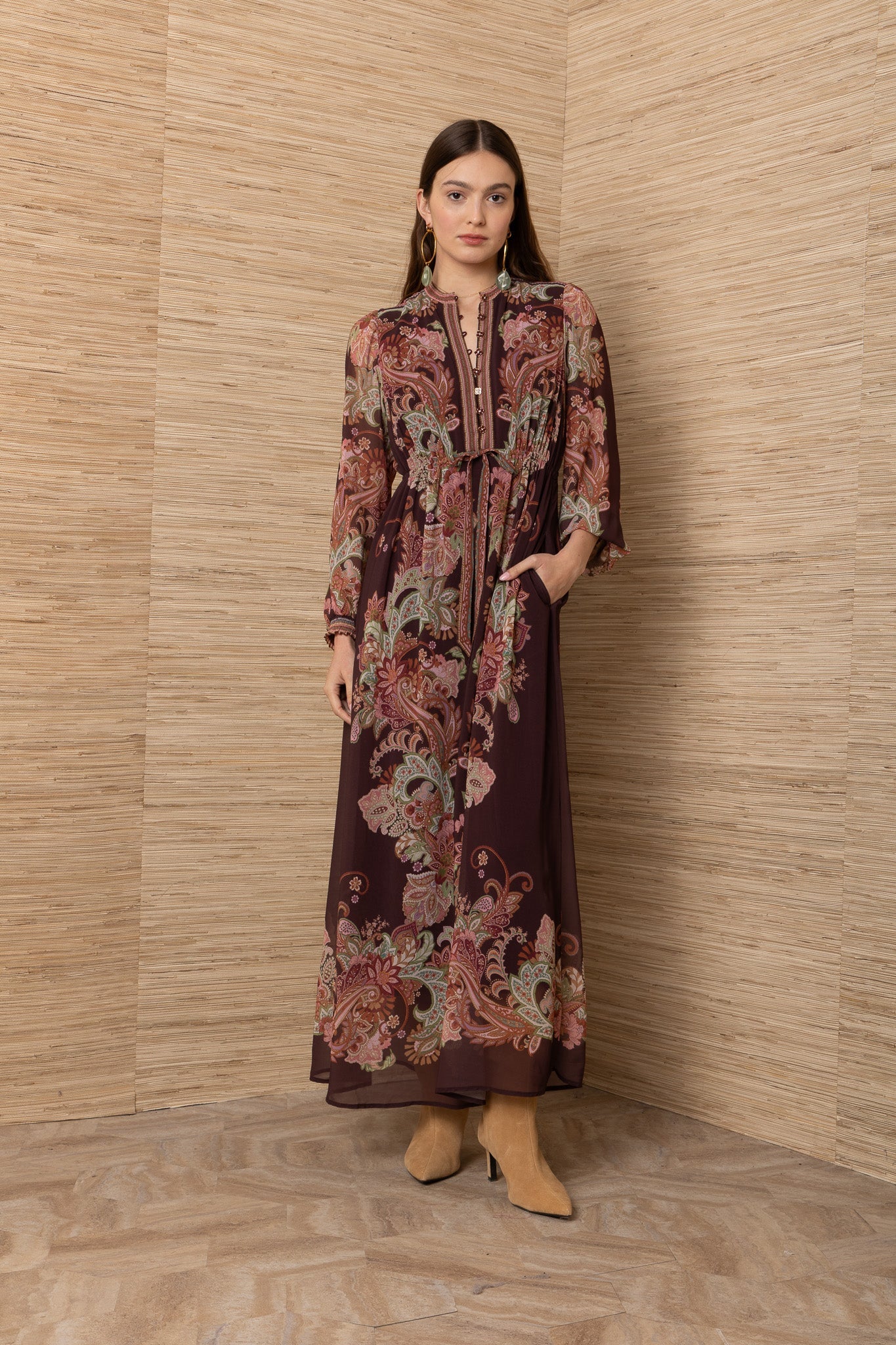 Young Ideas & Henmores -Isolde Contrast Print Long Dress -Wine -S