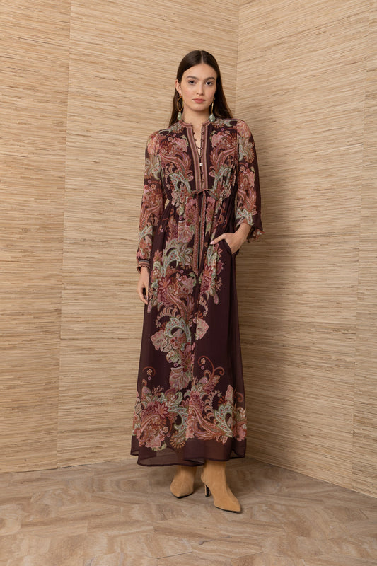 Young Ideas & Henmores -Isolde Contrast Print Long Dress -Wine -S