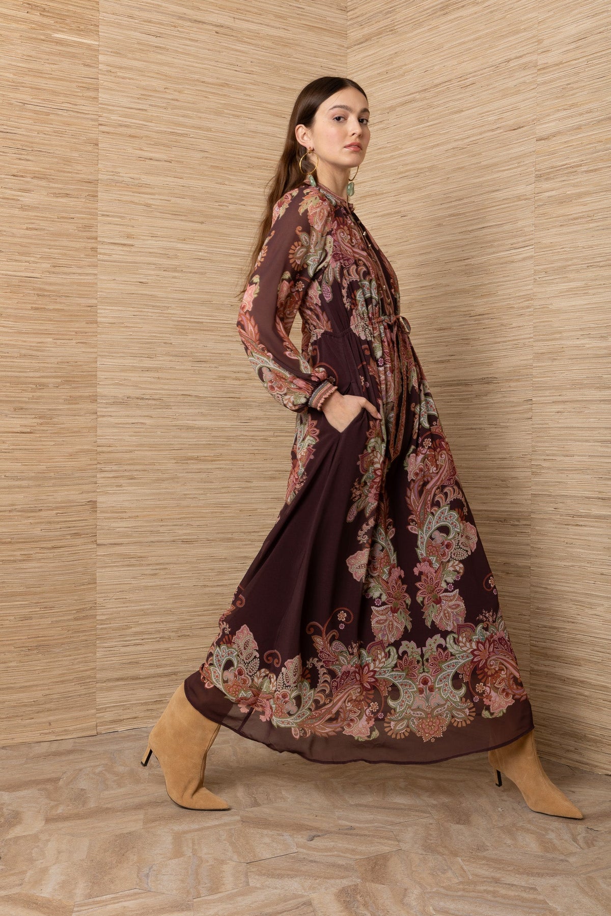 Young Ideas & Henmores -Isolde Contrast Print Long Dress -Wine -S