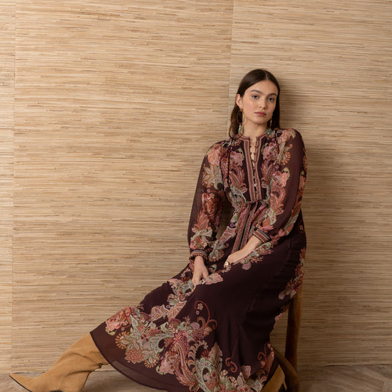 Young Ideas & Henmores -Isolde Contrast Print Long Dress -Wine -S