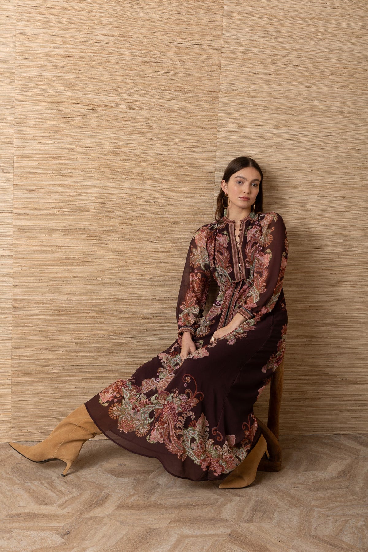 Young Ideas & Henmores -Isolde Contrast Print Long Dress -Wine -S