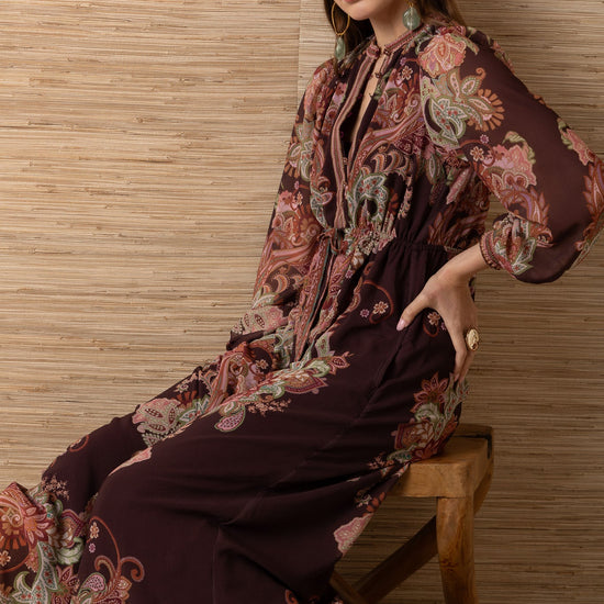 Young Ideas & Henmores -Isolde Contrast Print Long Dress -Wine -S