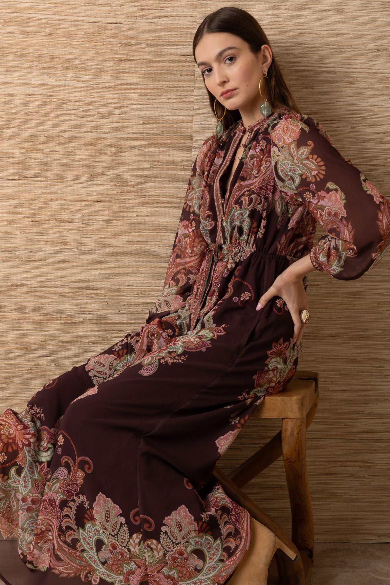 Young Ideas & Henmores -Isolde Contrast Print Long Dress -Wine -S