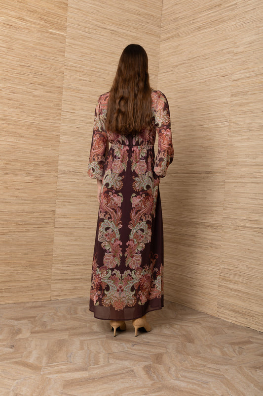 Young Ideas & Henmores -Isolde Contrast Print Long Dress -Wine -S