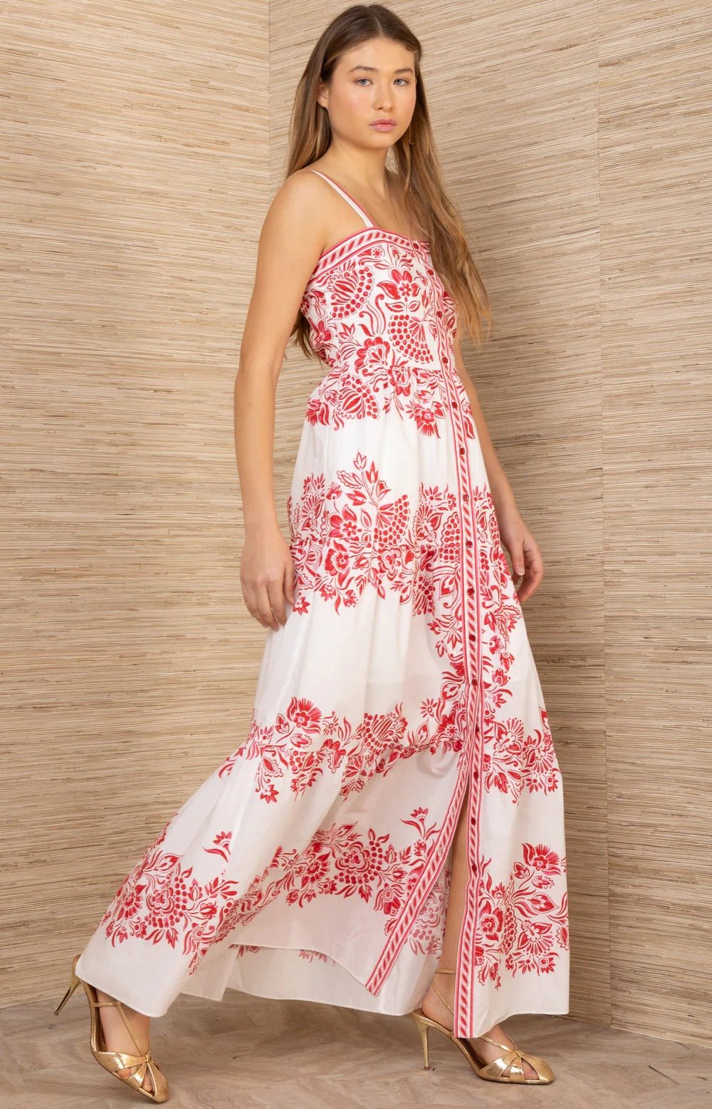 Young Ideas & Henmores - Jream Busy Floral Button Detail Midi Dress - Red - S
