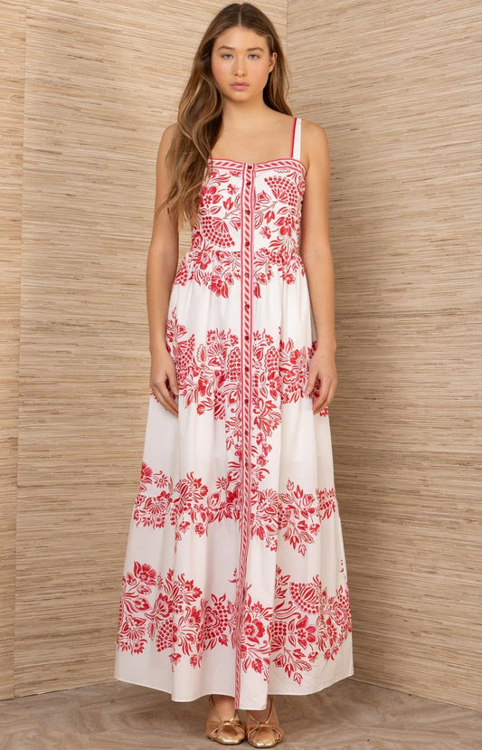 Young Ideas & Henmores - Jream Busy Floral Button Detail Midi Dress - Red - S