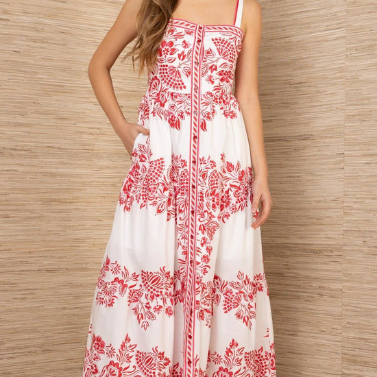 Young Ideas & Henmores - Jream Busy Floral Button Detail Midi Dress - Red - S