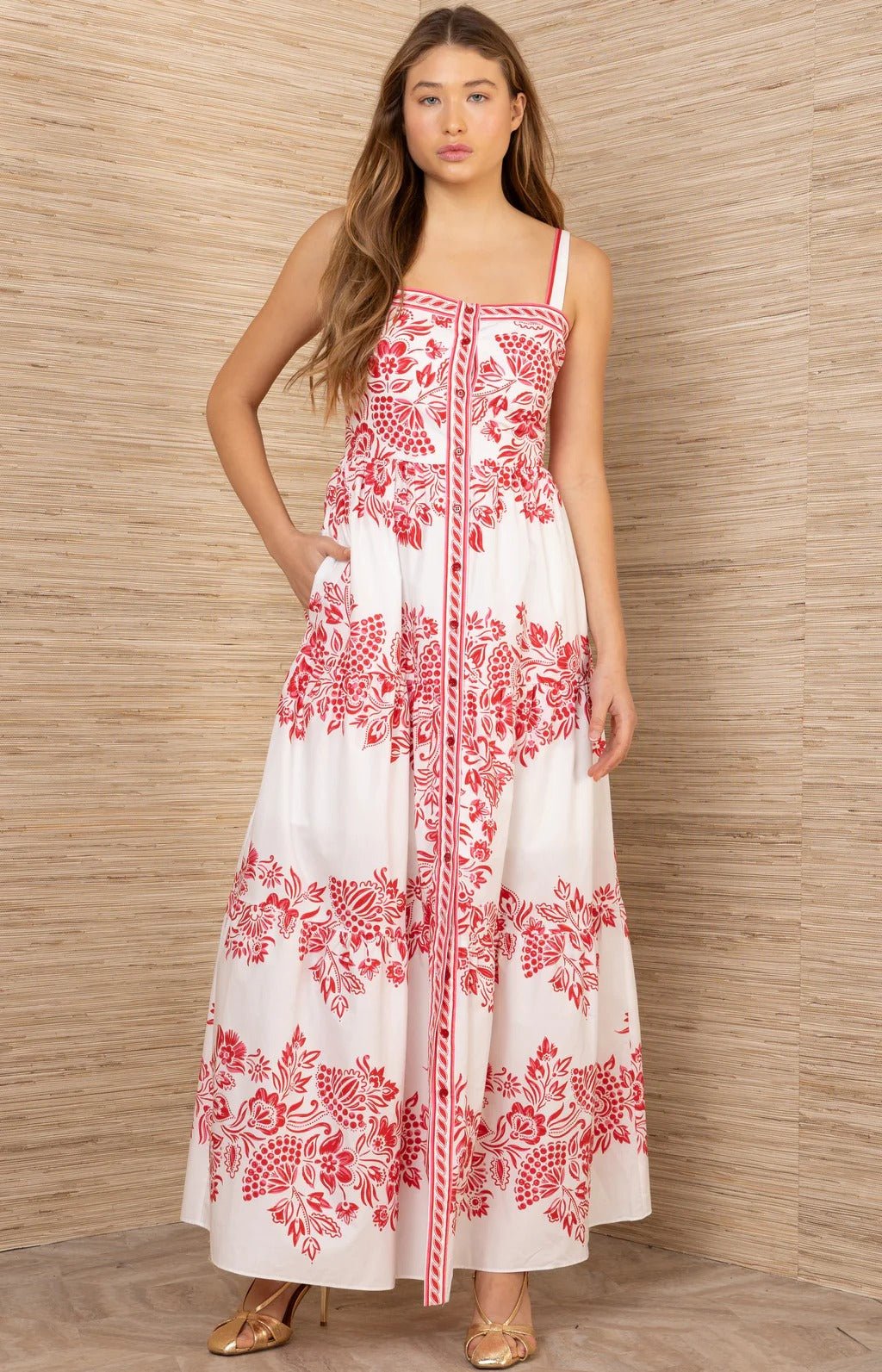 Young Ideas & Henmores - Jream Busy Floral Button Detail Midi Dress - Red - S
