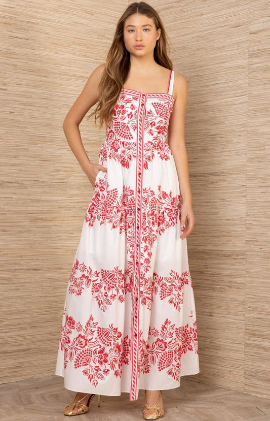 Young Ideas & Henmores - Jream Busy Floral Button Detail Midi Dress - Red - S