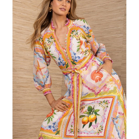 Young Ideas/Henmores - Lakelynn Plant Print Belted Midi Dress - Orange Multi - S
