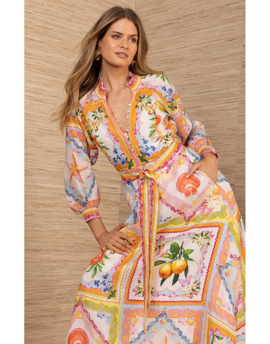 Young Ideas/Henmores - Lakelynn Plant Print Belted Midi Dress - Orange Multi - S