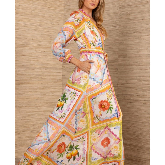 Young Ideas/Henmores - Lakelynn Plant Print Belted Midi Dress - Orange Multi - S