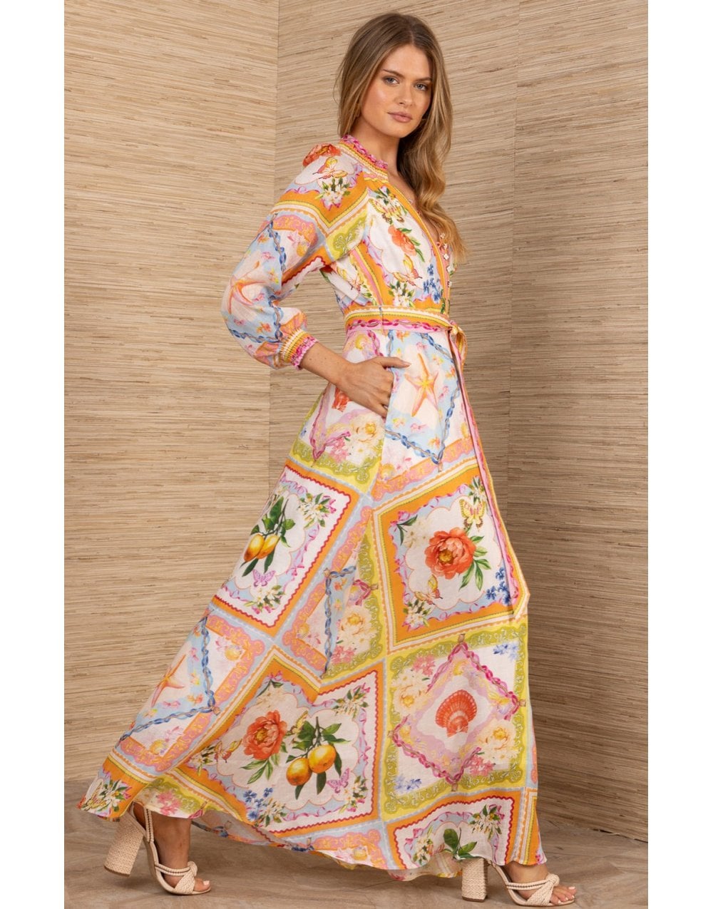 Young Ideas/Henmores - Lakelynn Plant Print Belted Midi Dress - Orange Multi - S