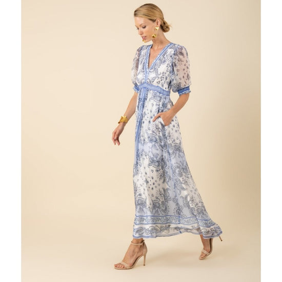 Young Ideas/Henmores - Lillan Paisley Panelled Midi Dress - White Blue - S