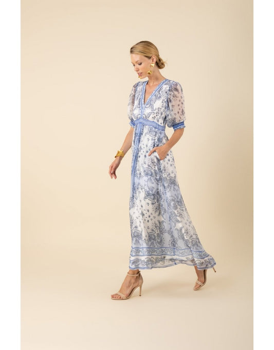 Young Ideas/Henmores - Lillan Paisley Panelled Midi Dress - White Blue - S
