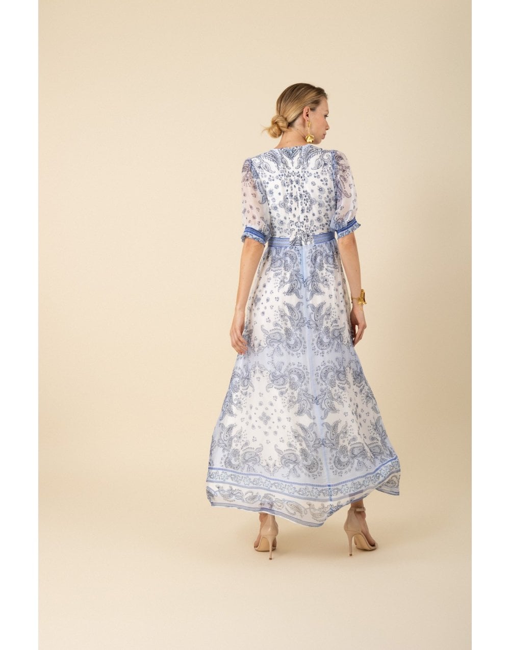 Young Ideas/Henmores - Lillan Paisley Panelled Midi Dress - White Blue - S