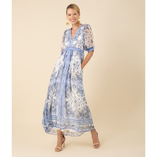 Young Ideas/Henmores - Lillan Paisley Panelled Midi Dress - White Blue - S