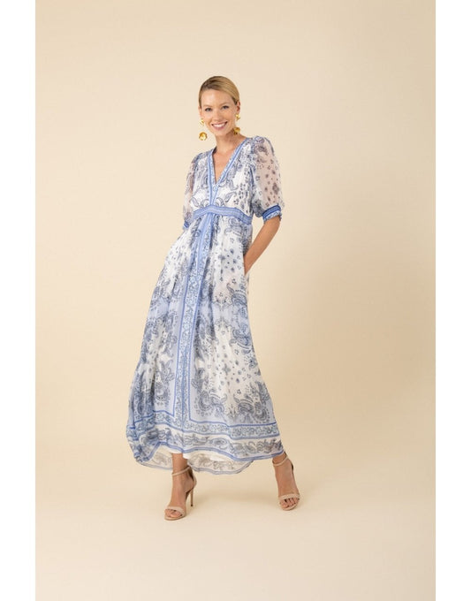 Young Ideas/Henmores - Lillan Paisley Panelled Midi Dress - White Blue - S