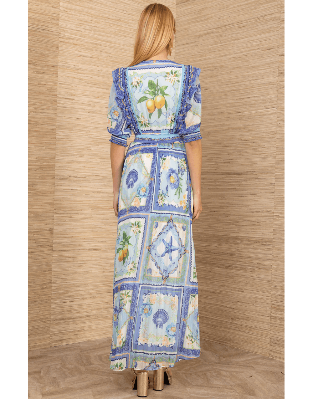 Young Ideas/Henmores - Lovisa Lemon V Neck Pleated Midi Dress - Blue - S