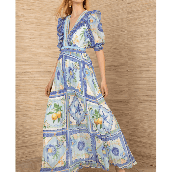 Young Ideas/Henmores - Lovisa Lemon V Neck Pleated Midi Dress - Blue - S