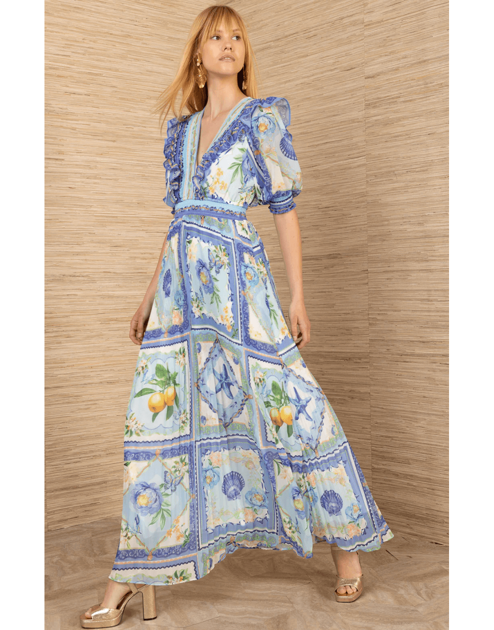 Young Ideas/Henmores - Lovisa Lemon V Neck Pleated Midi Dress - Blue - S