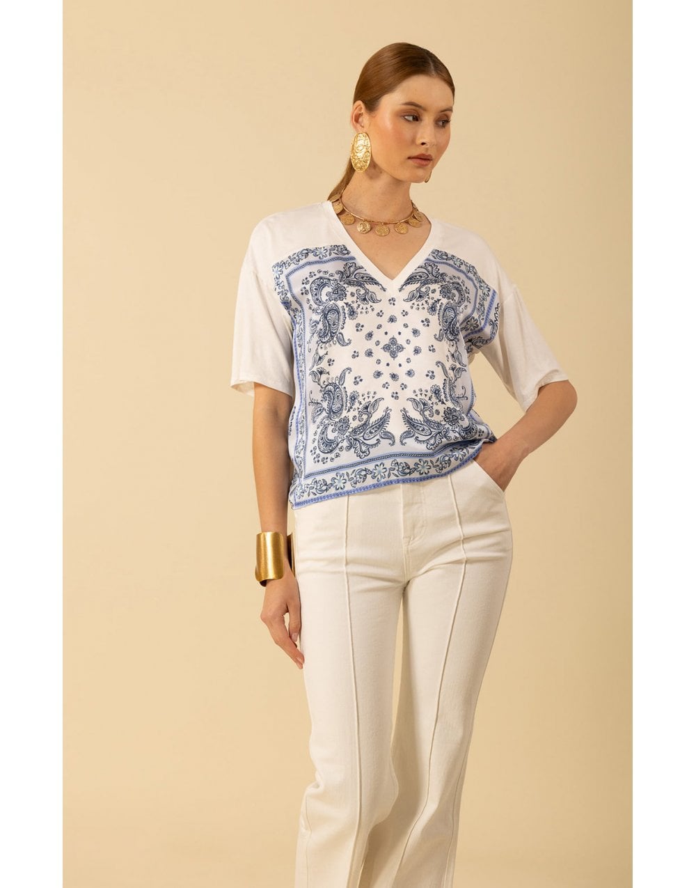 Young Ideas/Henmores - Margo Paisley Graphic T-Shirt - White Blue - S