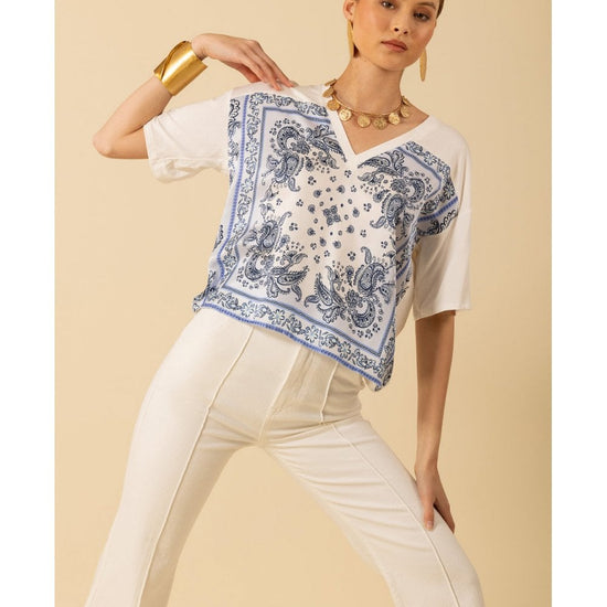 Young Ideas/Henmores - Margo Paisley Graphic T-Shirt - White Blue - S