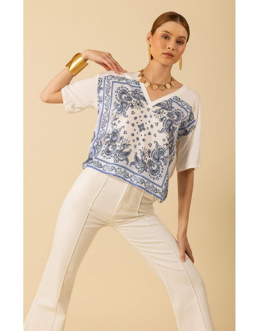 Young Ideas/Henmores - Margo Paisley Graphic T-Shirt - White Blue - S