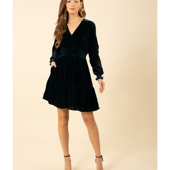 Young Ideas/Henmores - Sleeve Embroidered Velvet Dress - Emerald - S