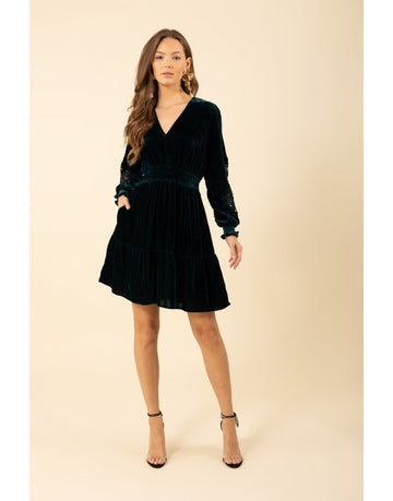 Young Ideas/Henmores - Sleeve Embroidered Velvet Dress - Emerald - S
