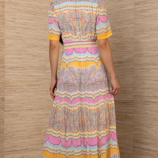 Young Ideas/Henmores - Vale Pastel Geometric Pleated Midi Dress - Pink/Orange - S