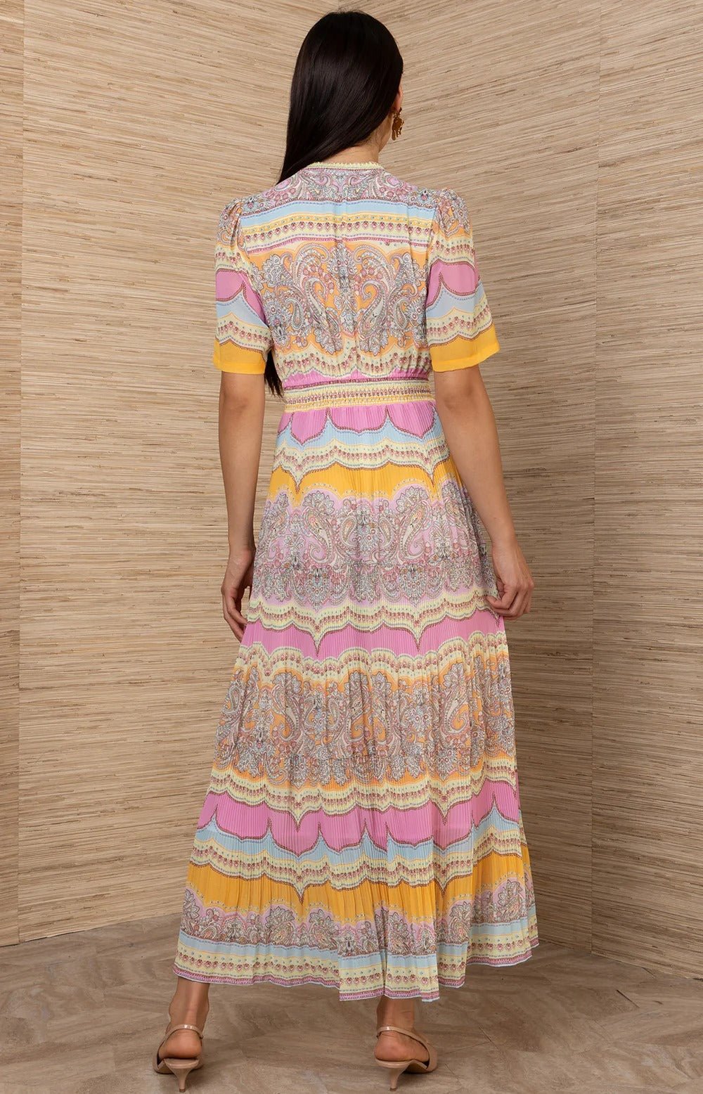 Young Ideas/Henmores - Vale Pastel Geometric Pleated Midi Dress - Pink/Orange - S