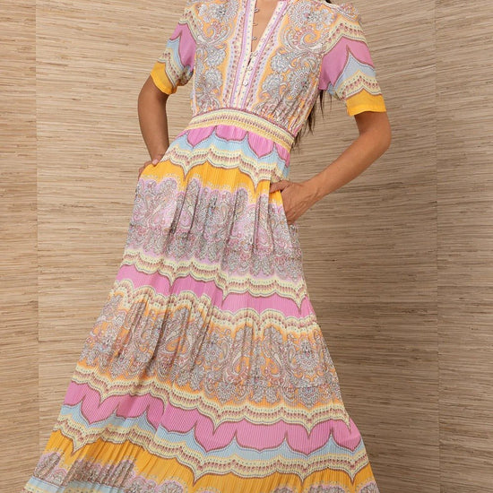 Young Ideas/Henmores - Vale Pastel Geometric Pleated Midi Dress - Pink/Orange - S