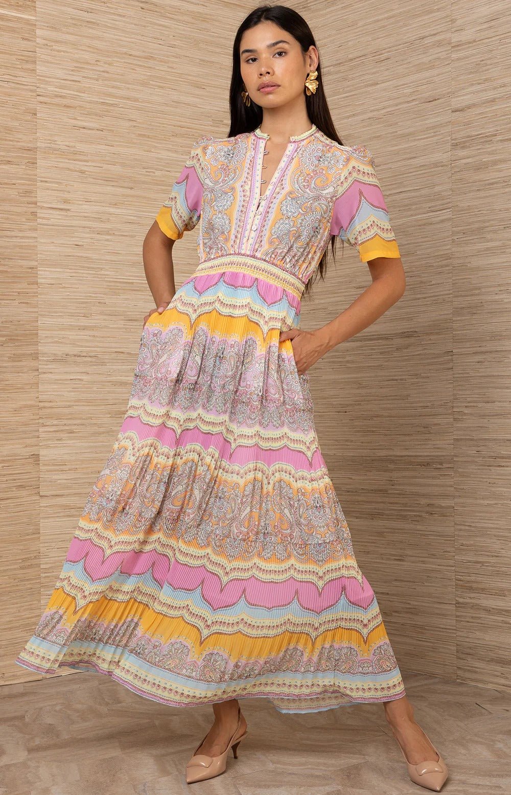 Young Ideas/Henmores - Vale Pastel Geometric Pleated Midi Dress - Pink/Orange - S