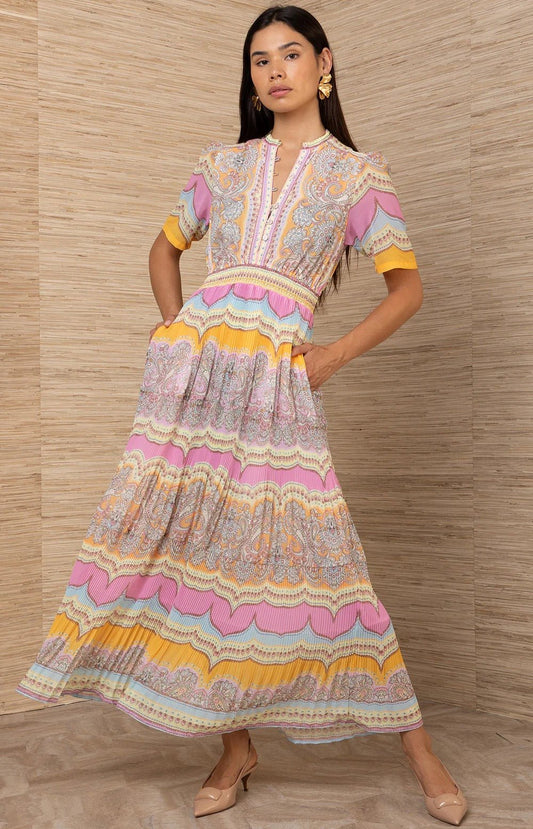 Young Ideas/Henmores - Vale Pastel Geometric Pleated Midi Dress - Pink/Orange - S