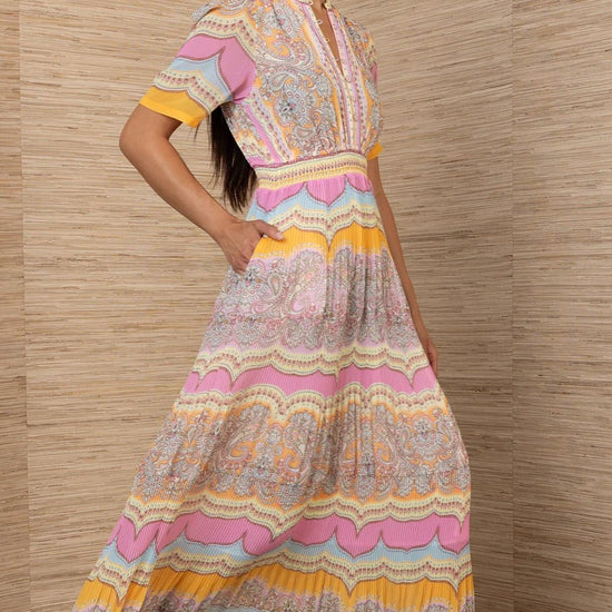 Young Ideas/Henmores - Vale Pastel Geometric Pleated Midi Dress - Pink/Orange - S