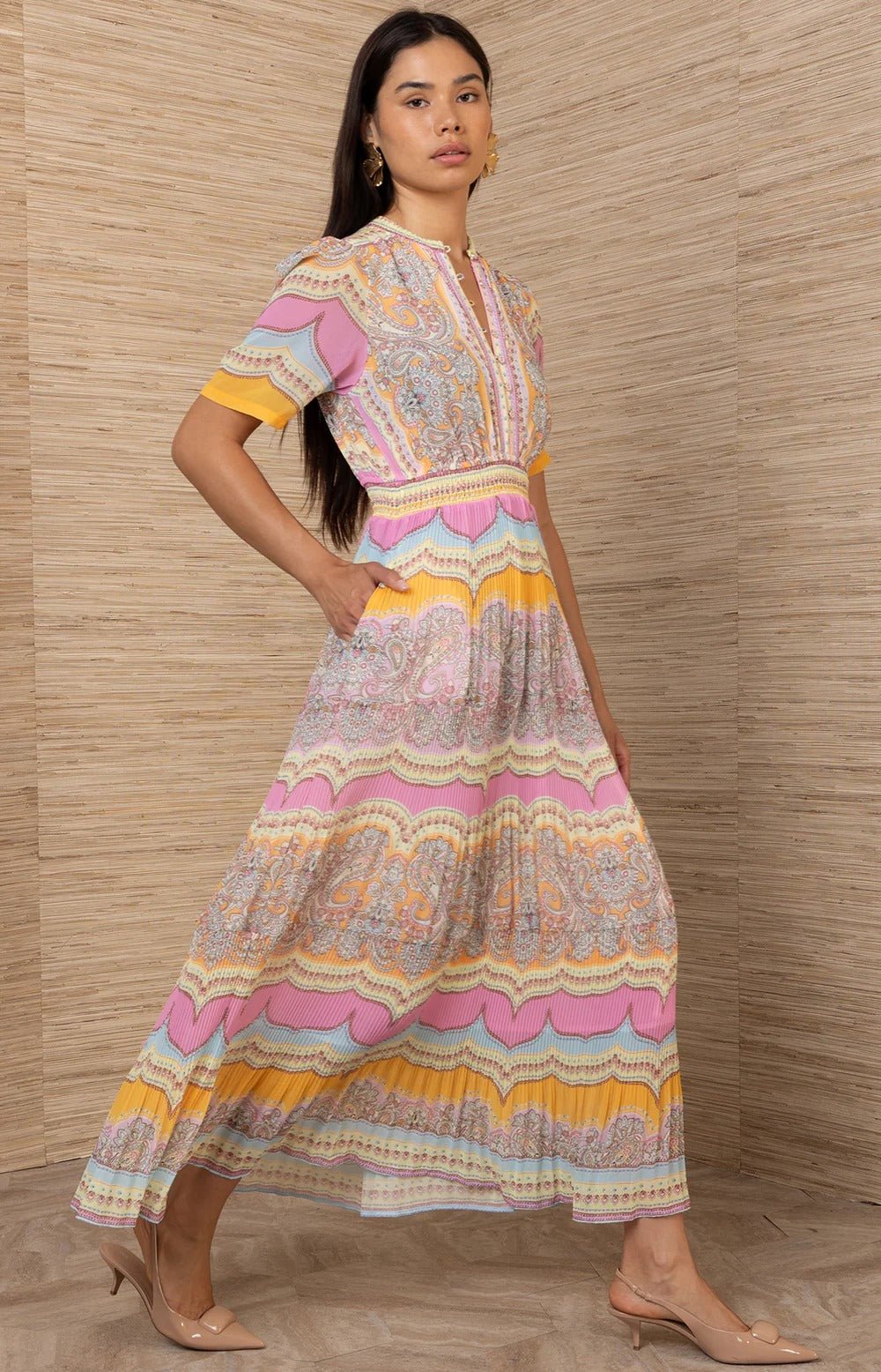 Young Ideas/Henmores - Vale Pastel Geometric Pleated Midi Dress - Pink/Orange - S