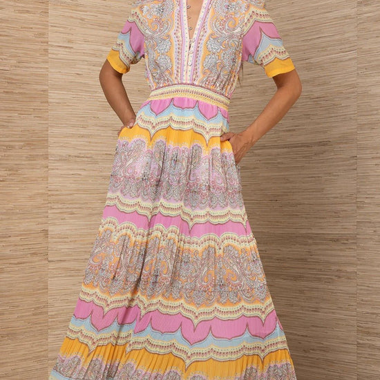 Young Ideas/Henmores - Vale Pastel Geometric Pleated Midi Dress - Pink/Orange - S