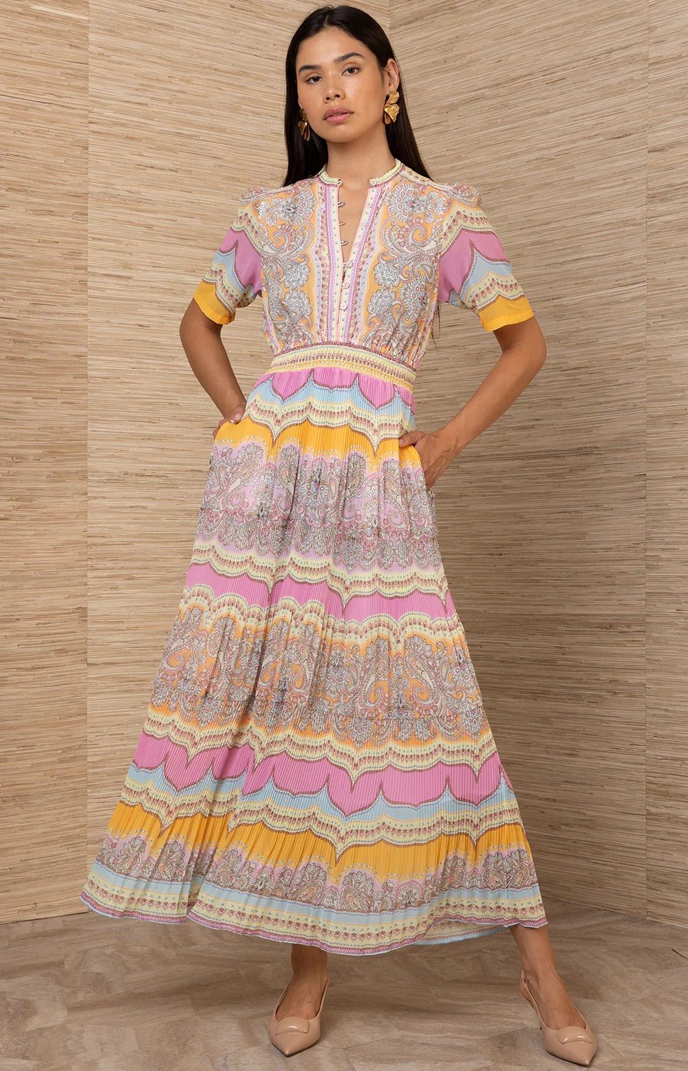 Young Ideas/Henmores - Vale Pastel Geometric Pleated Midi Dress - Pink/Orange - S