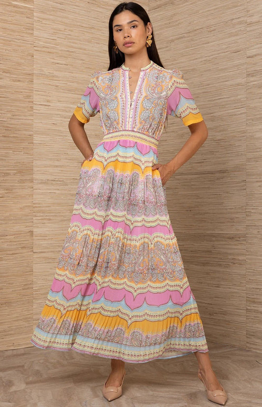 Young Ideas/Henmores - Vale Pastel Geometric Pleated Midi Dress - Pink/Orange - S