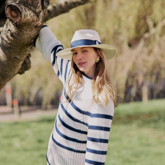 Young Ideas & Henmores - Hemley Two - Tone Ribbon Hat - Cream/Navy - S