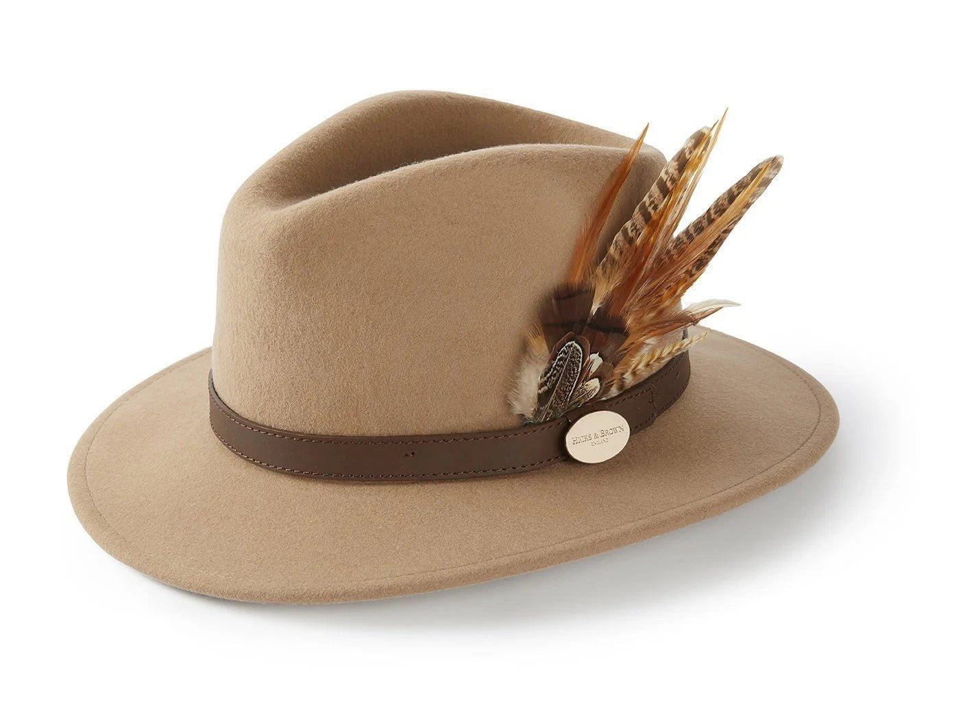 Young Ideas & Henmores -Suffolk Fedora Bronze Side Feather -Camel -S
