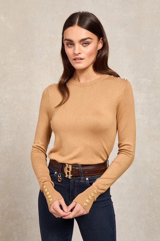 Young Ideas & Henmores - Buttoned Knit Crew Neck - Dark Camel - S
