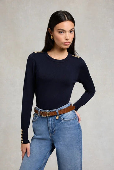 Young Ideas & Henmores - Buttoned Knit Crew Neck - Navy - S