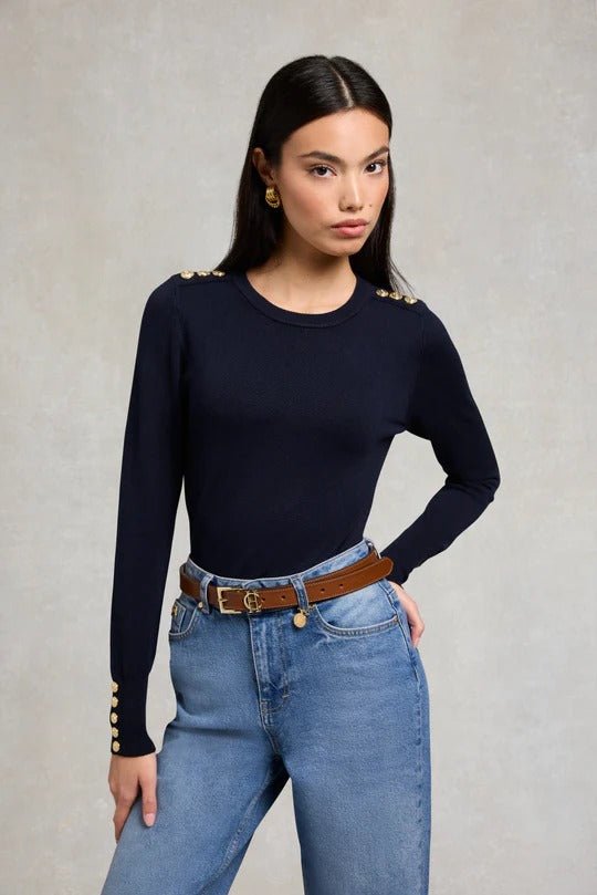 Young Ideas & Henmores - Buttoned Knit Crew Neck - Navy - S