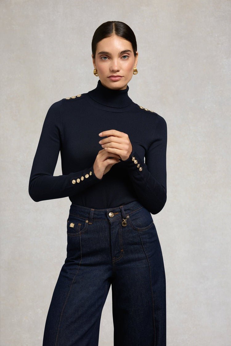 Young Ideas/Henmores - Buttoned Knit Roll Neck - Ink Navy - XS