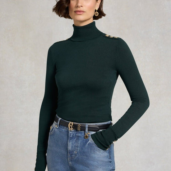 Young Ideas/Henmores - Buttoned Knit Roll Neck - Deep Emerald - XS