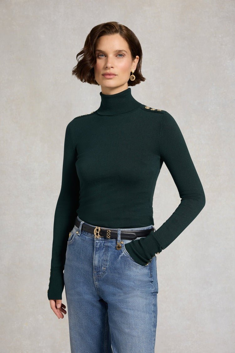 Young Ideas/Henmores - Buttoned Knit Roll Neck - Deep Emerald - XS