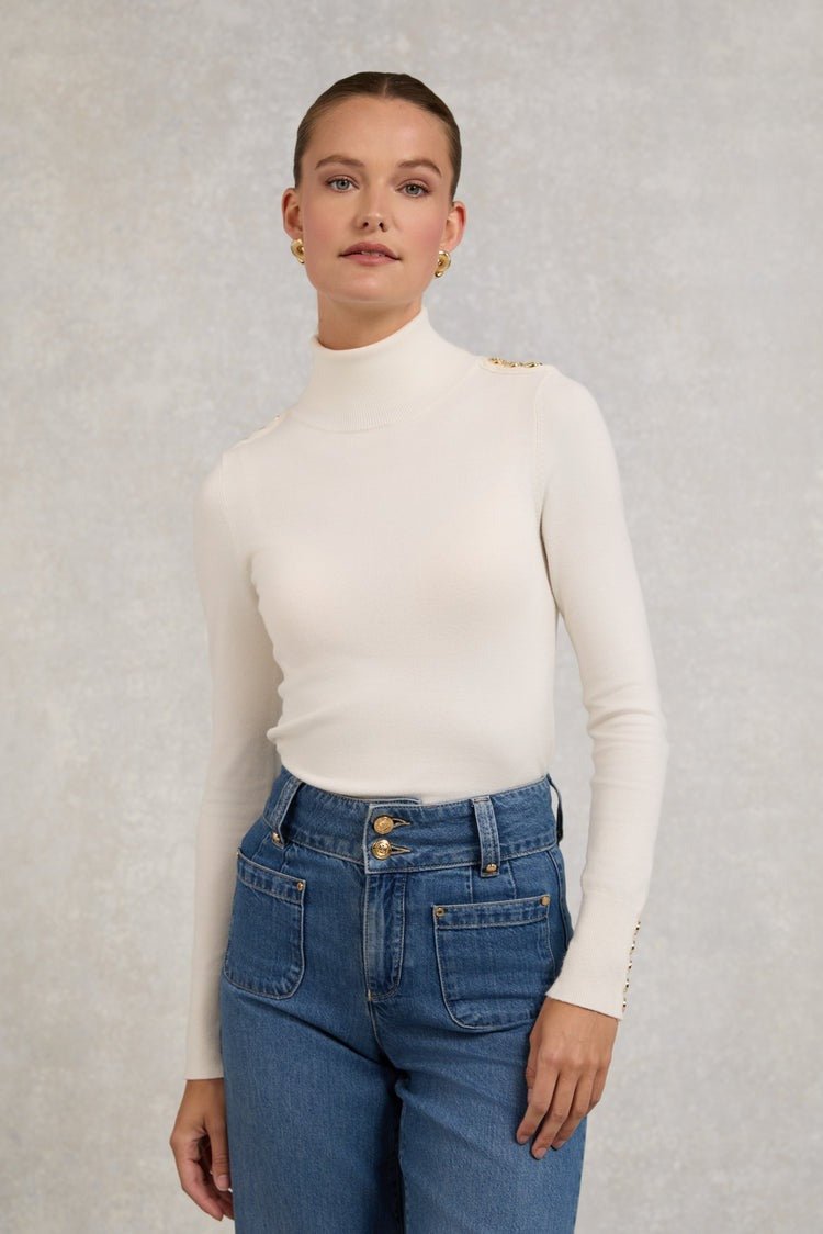 Young Ideas/Henmores - Buttoned Knit Roll Neck - Cream - XS