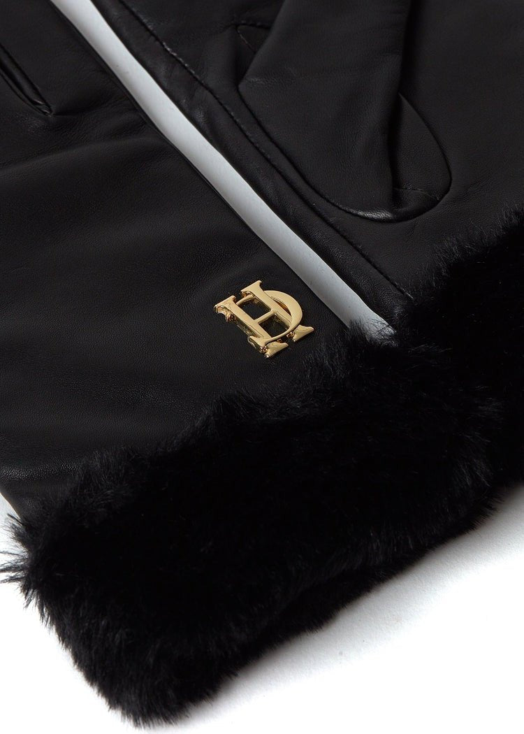 Young Ideas/Henmores - Cashmere Lined Faux Trim Leather Gloves - Black - S